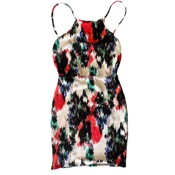 Boohoo Dresses & Skirts - BooHoo Cream Multicolored High Neck Open Back Mini Sleeveless Dress NWOT